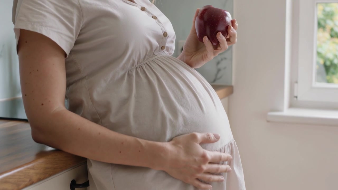 Donna che accarezza, appoggiata al bancone della cucina in abito premaman, toccandosi la pancia e invitando a mordere una mela.