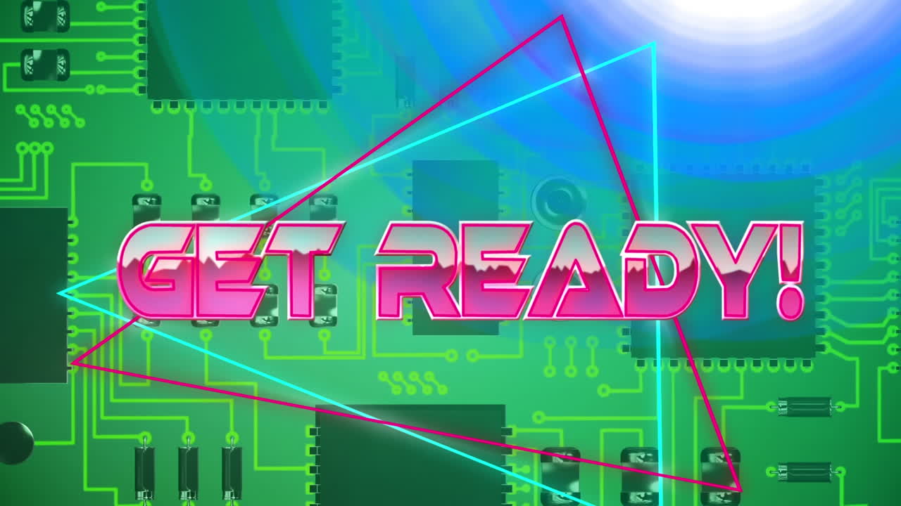 분홍색 금속 텍스트의 애니메이션 준비, 네온 라인, 녹색 컴퓨터 메인보드에