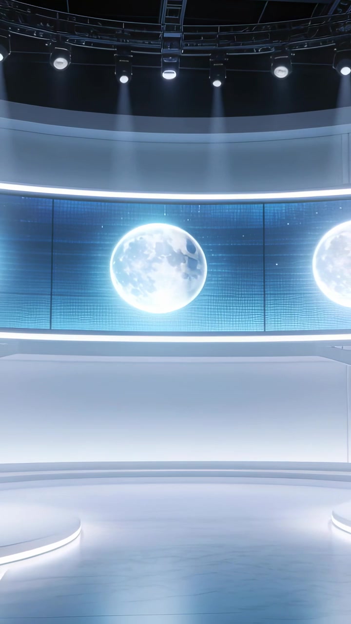 Vertical video: Animating central moon graphic shifting into half phase on LED wall, rim lighting
