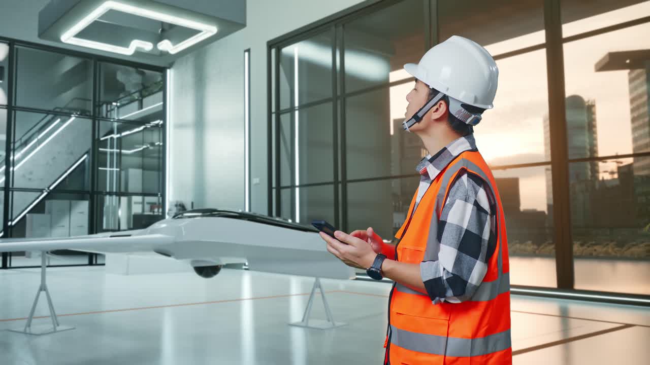 ingeniero revisando un teléfono inteligente en una oficina moderna con un modelo de dron