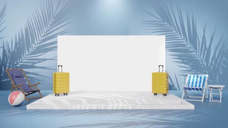 animación de renderización 3d del producto espacio de copia vacío con configuración de luz y concepto de viaje con portátil y maleta en fondo azul de playa de palma tropical