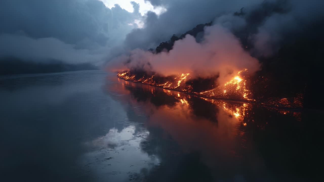 An Unfolding Natural Disaster: Flames and Smoke Devour the Landscape Amidst Tranquil Waters and Darkening Skies