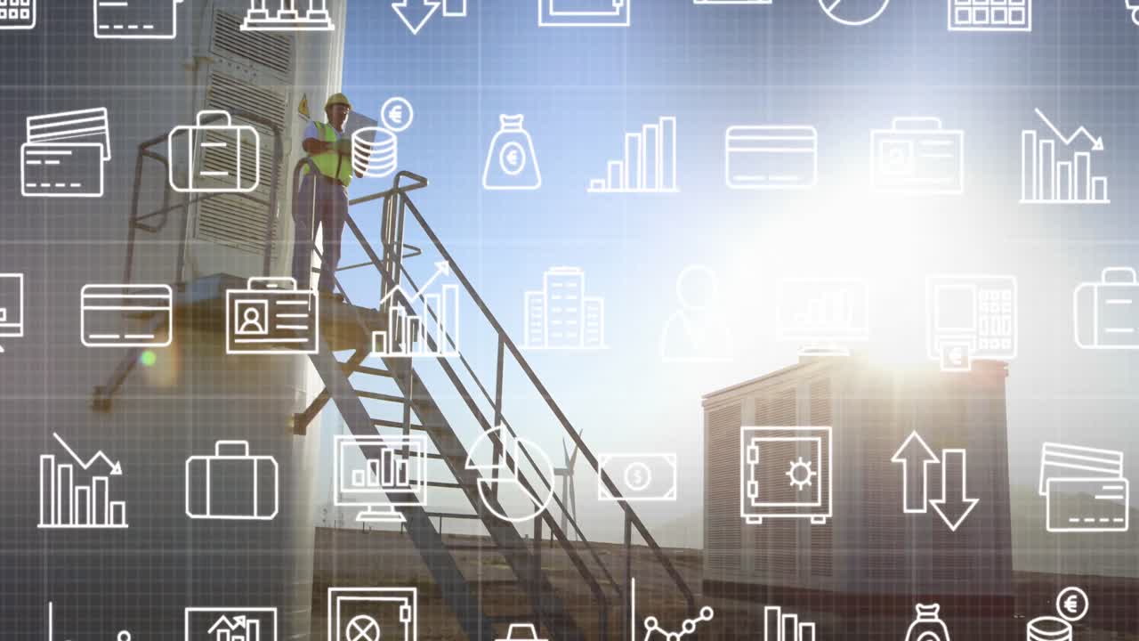 animación de los iconos que caen sobre el molino de viento