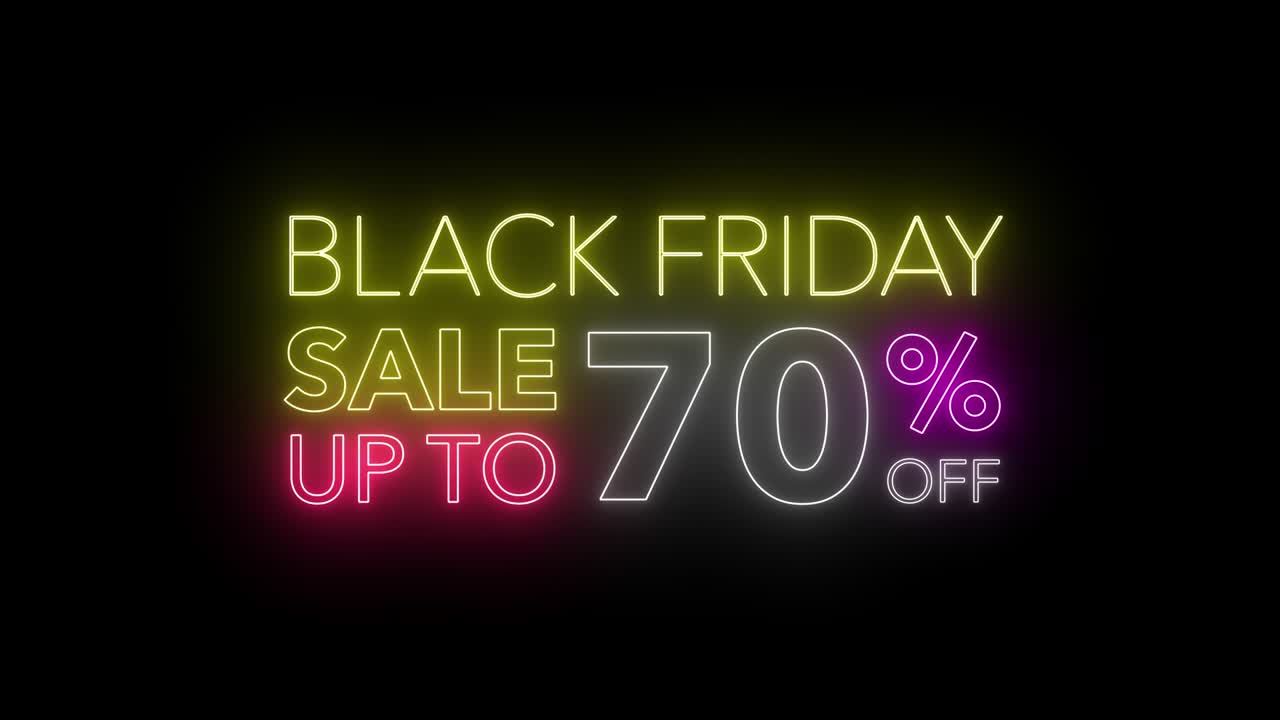 Animate flashing of black Friday sale up to percent off colorful neon blaze sign motion banner in black background for promote video. concept of promotion brand sale series 10-90%