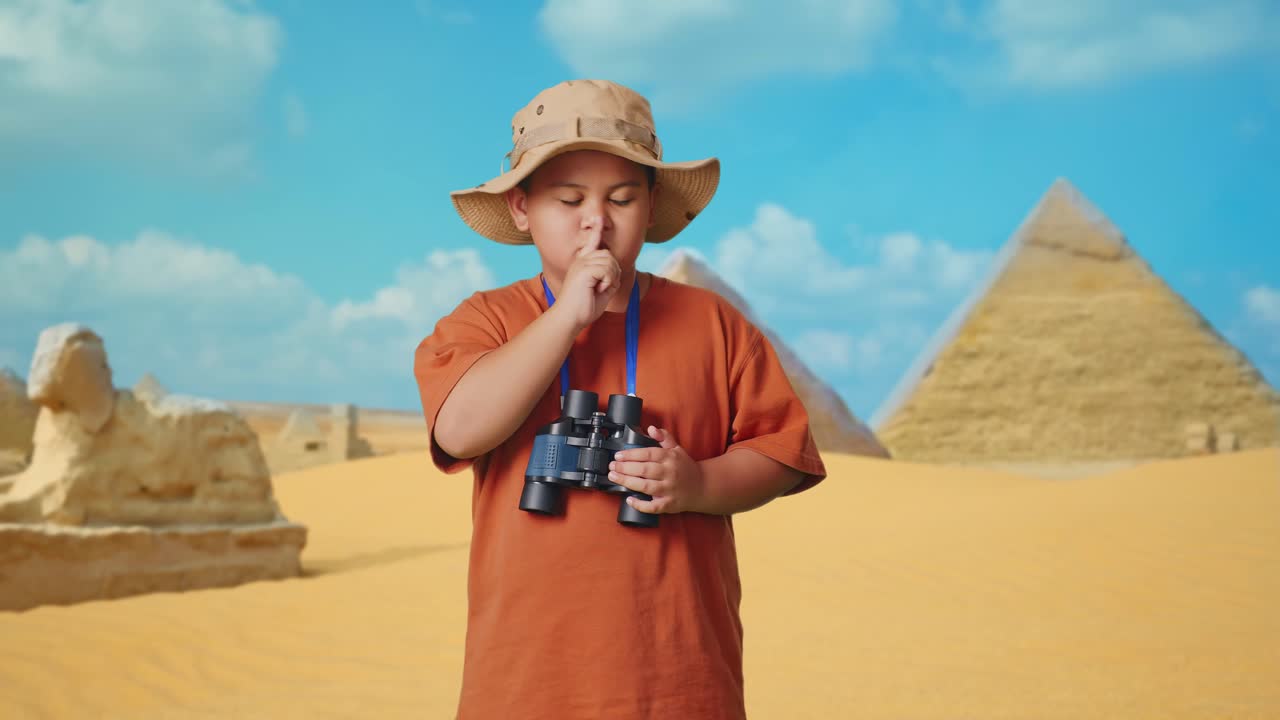Asian Boy With A Hat And Binoculars Looking At Camera And Making Shh Gesture While Traveling In Giza Pyramid. Boy Researcher Examines Something, Travel Tourism Adventure Concept