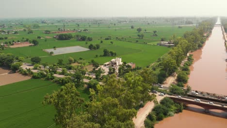 a beautiful view of the farming area nearby the muddy river in punjab province