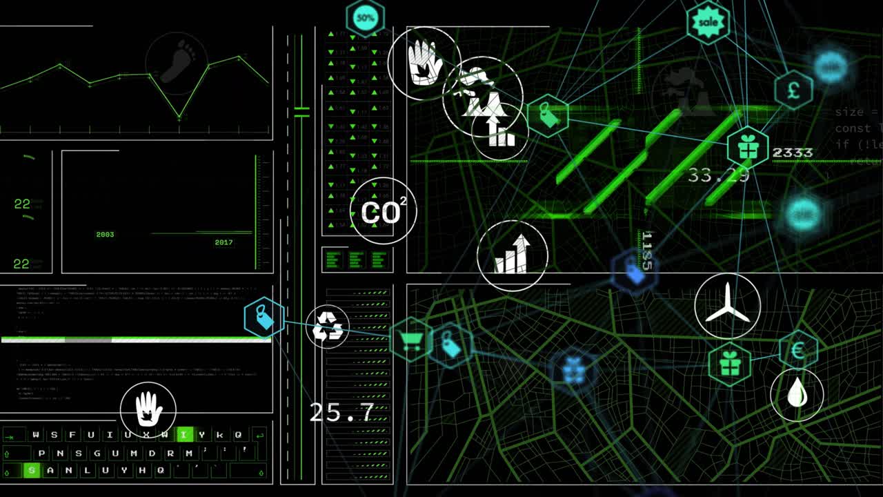 Data feed arriving, dashboard pulsing nodes, icons clustering, values updating for monitoring CO2