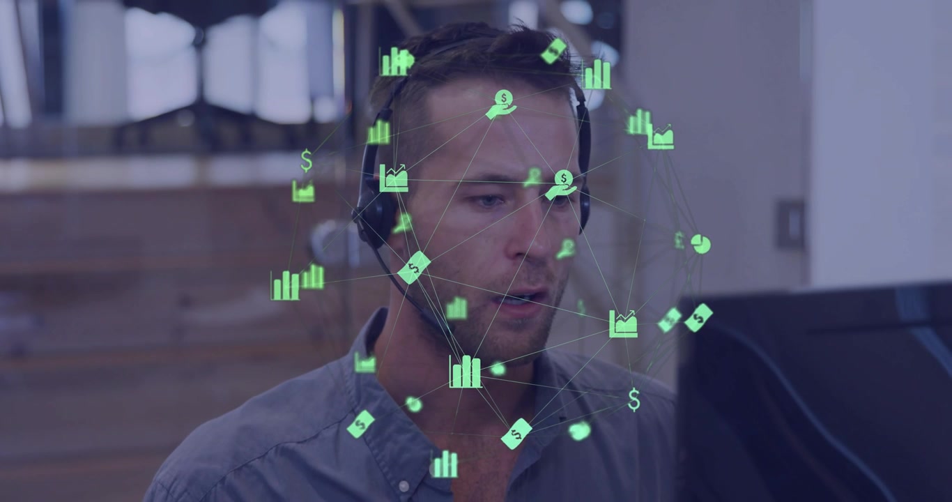 Data overlay appearing, headset agent listening, speaking and adjusting while analyzing analytics