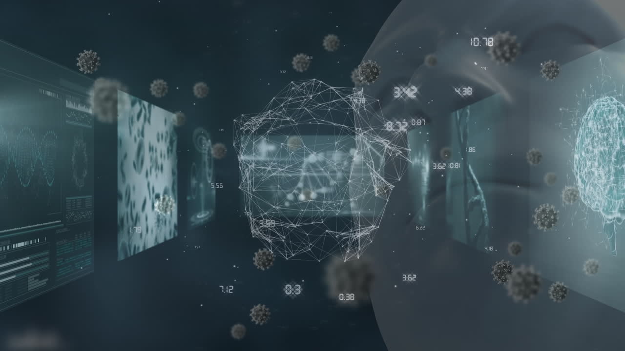 인간 얼굴 모델과 데이터 처리에 대한 연결 네트워크와 코로나19 세포의 세계