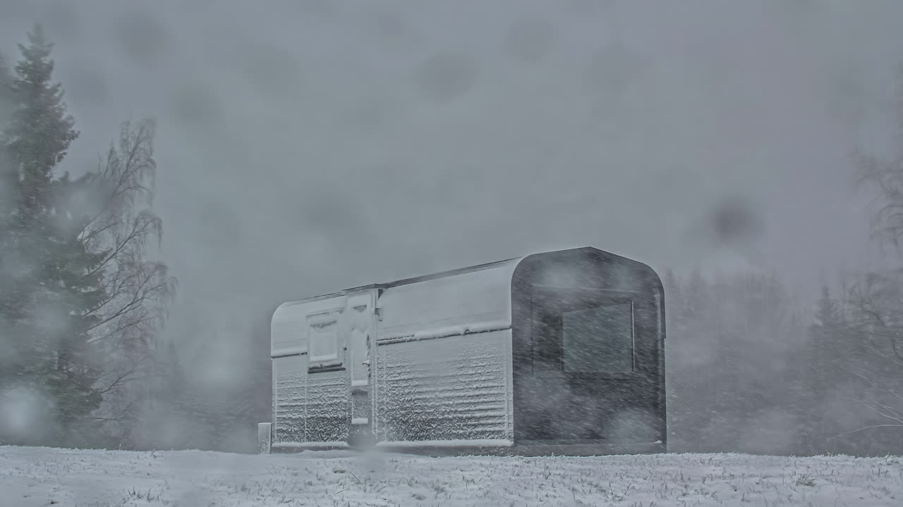 Timelapse shot of rectangular wooden cabin throughout various season from cold winter to spring