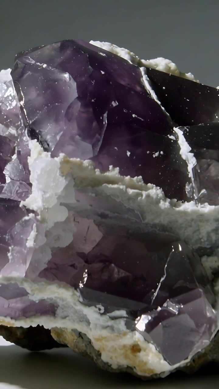 Video vertical: La lente se aleja revelando una geoda de amatista sobre una mesa gris, exponiendo una costra blanca.