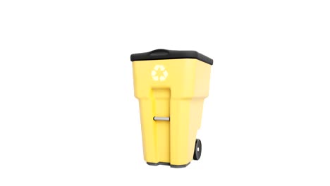 yellow plastic garbage bin with recycling logo, isolated on white background. camera slides near trash can, zoom to object.