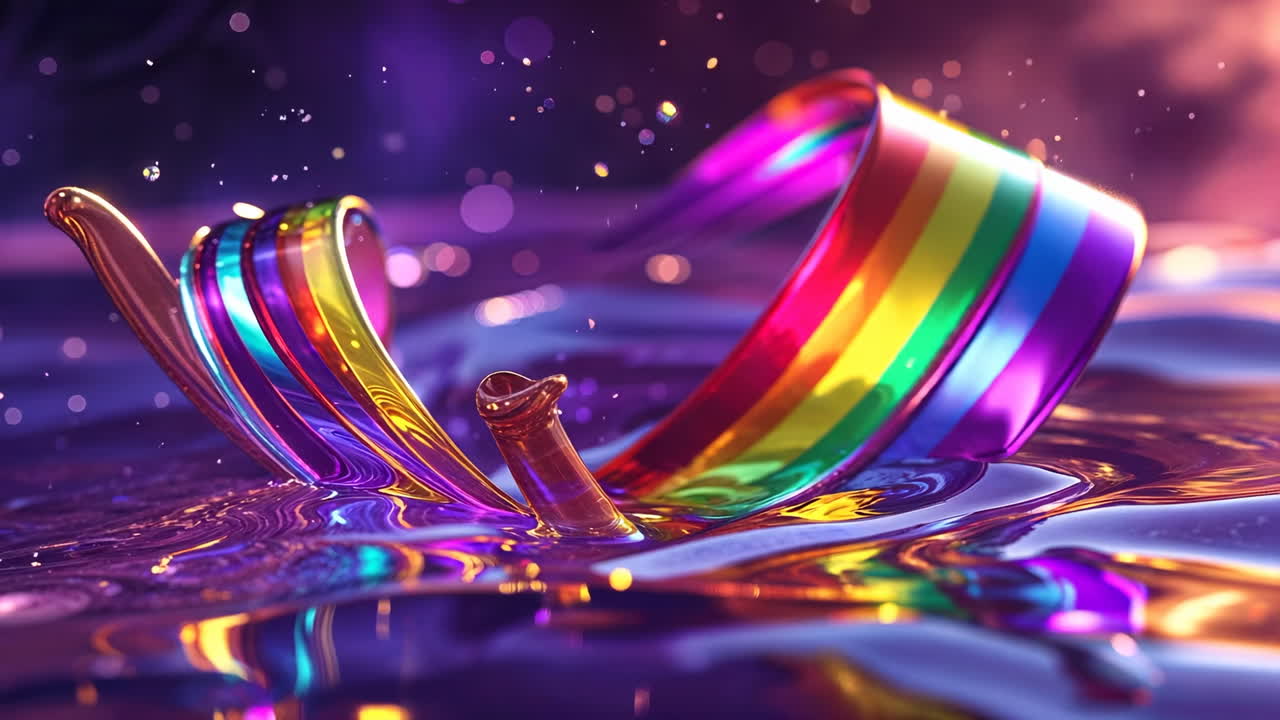 Vibrant Rainbow Ribbon Reflecting on Purple Liquid