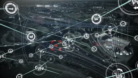 animation of network of connections with icons over cityscape