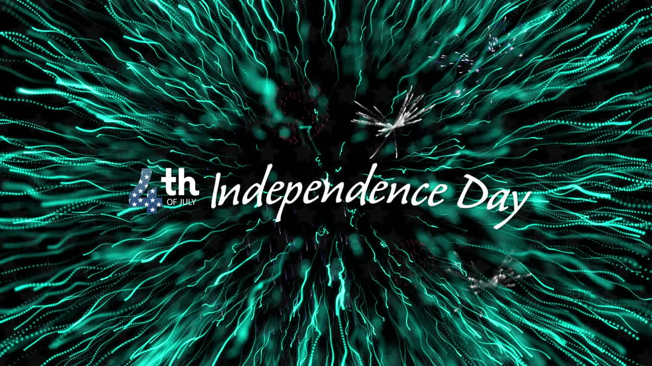 Happy independence day text banner over fireworks and light trails bursting on black background