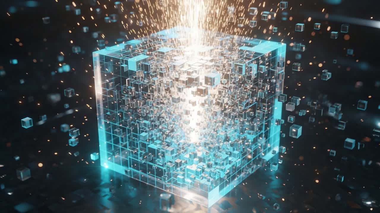 A Glowing Cube of Digital Elements: A Stunning Visual Journey into the Heart of Abstract Art Revealing a Cascade of Energetic Particles and Light