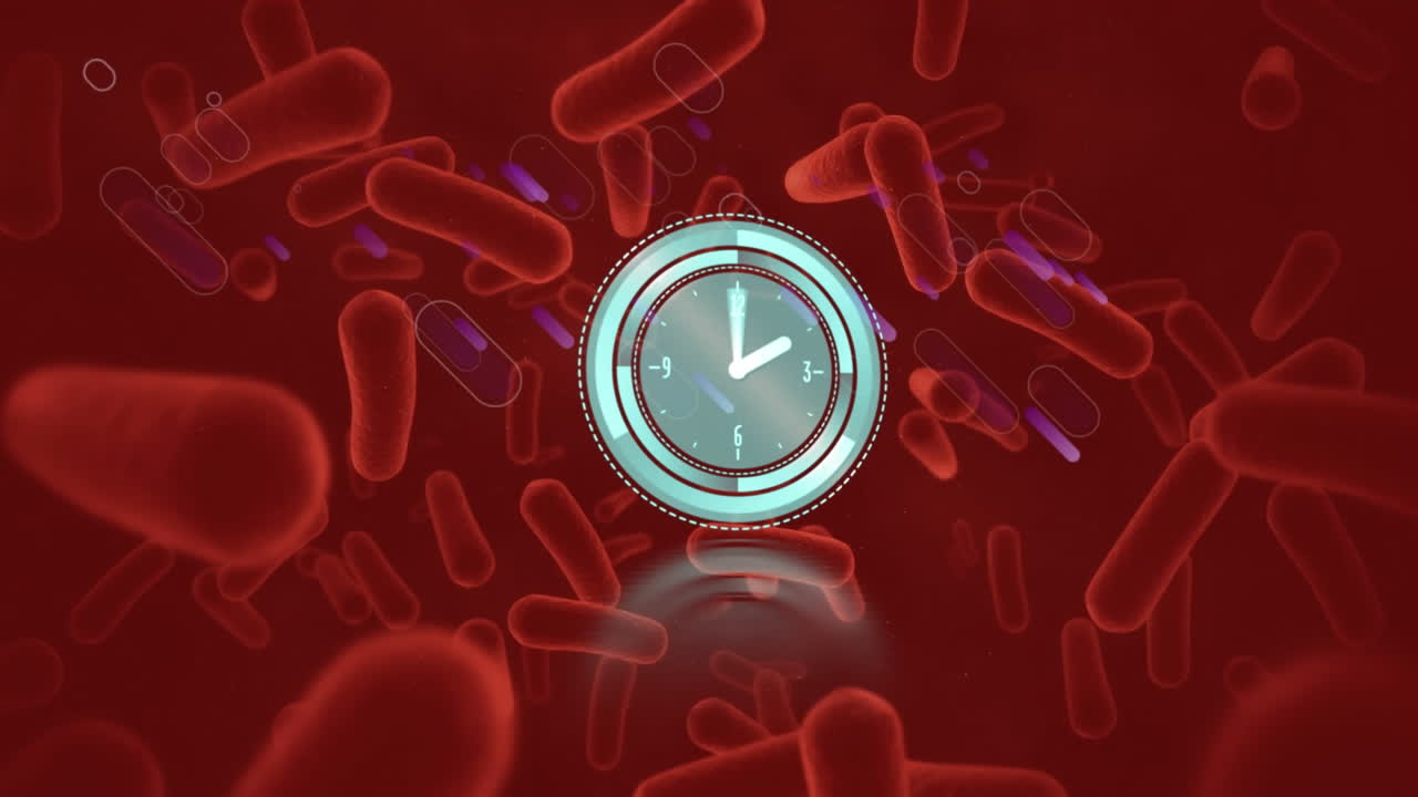 ⁇ 은 배경 에 혈관 을 가로지르는 네온 시계 와 보라색 빛 의 흔적 의 애니메이션