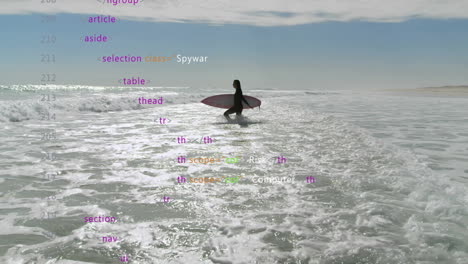 animating code lines over person surfing ocean waves