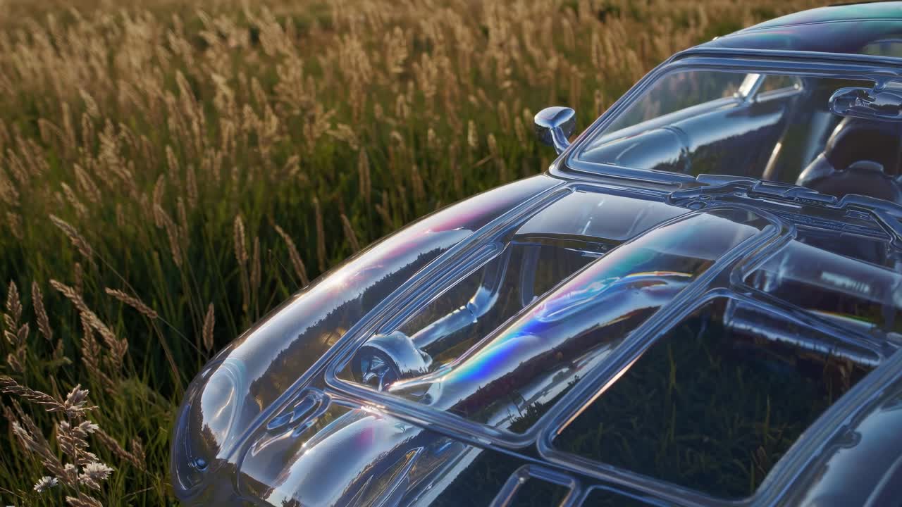 Transparent muscle car resting amid golden sunset lit grass, revealing intricate futuristic design and engineering through crystal clear glass structure