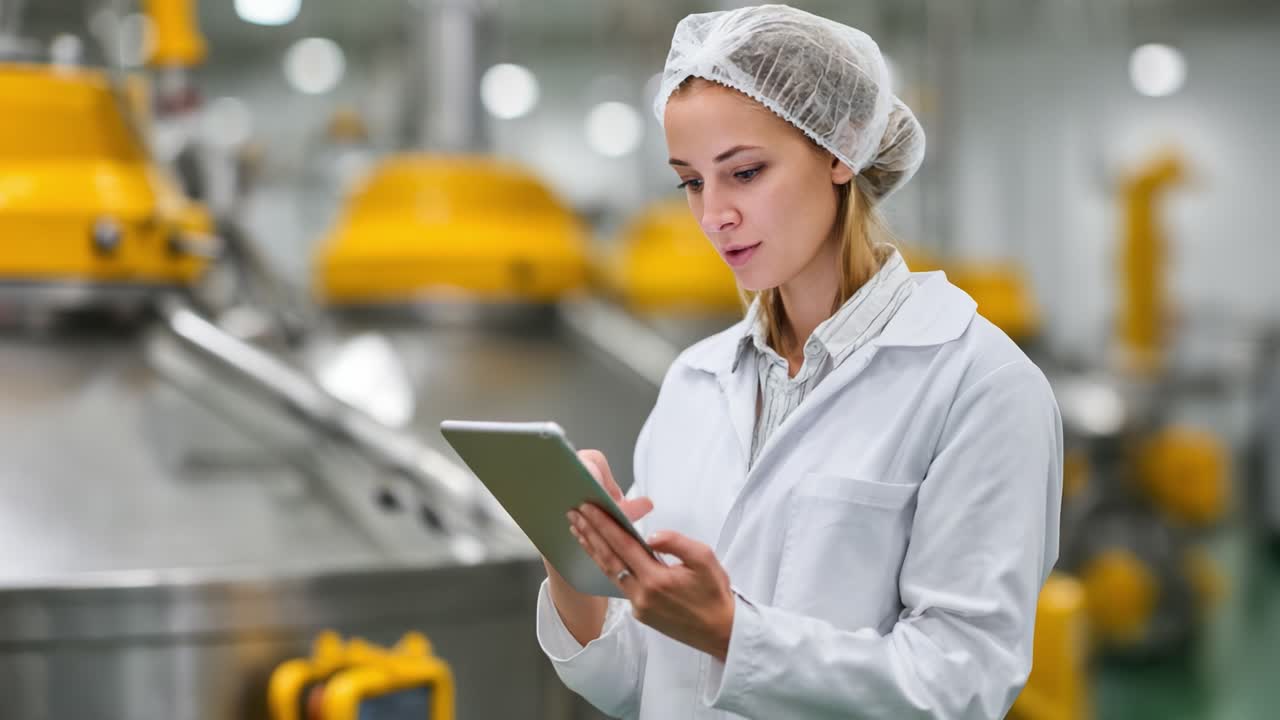 Professional Woman in Cleanroom Attire Using Tablet to Monitor Processes in a Laboratory or Industrial Environment, Ensuring Quality Assurance and Efficiency