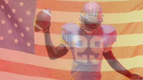 animation of african american american football player with ball and helmet and flag of usa