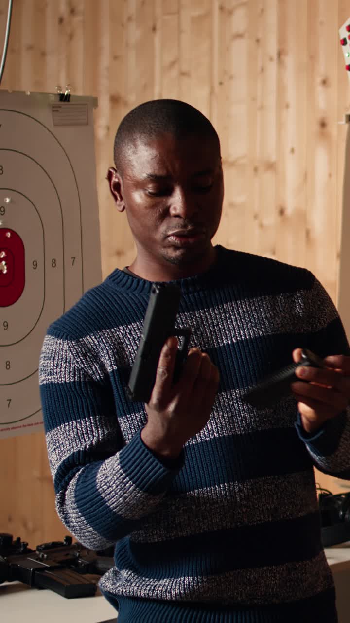 Vertical video Firing range employee teaching proper weapon handling and usage