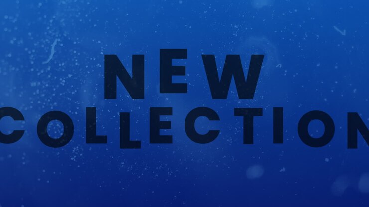 Animatie van tekst 'nieuwe collectie' op blauwe achtergrond