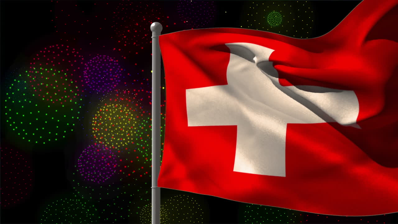 Animation der Schweizer Flagge über Formen und Feuerwerk auf schwarzem Hintergrund