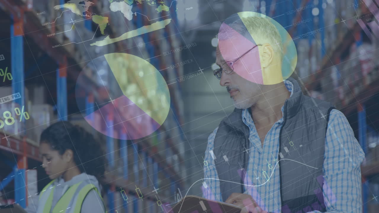 Animation of statistics and financial data processing over man and woman working in warehouse