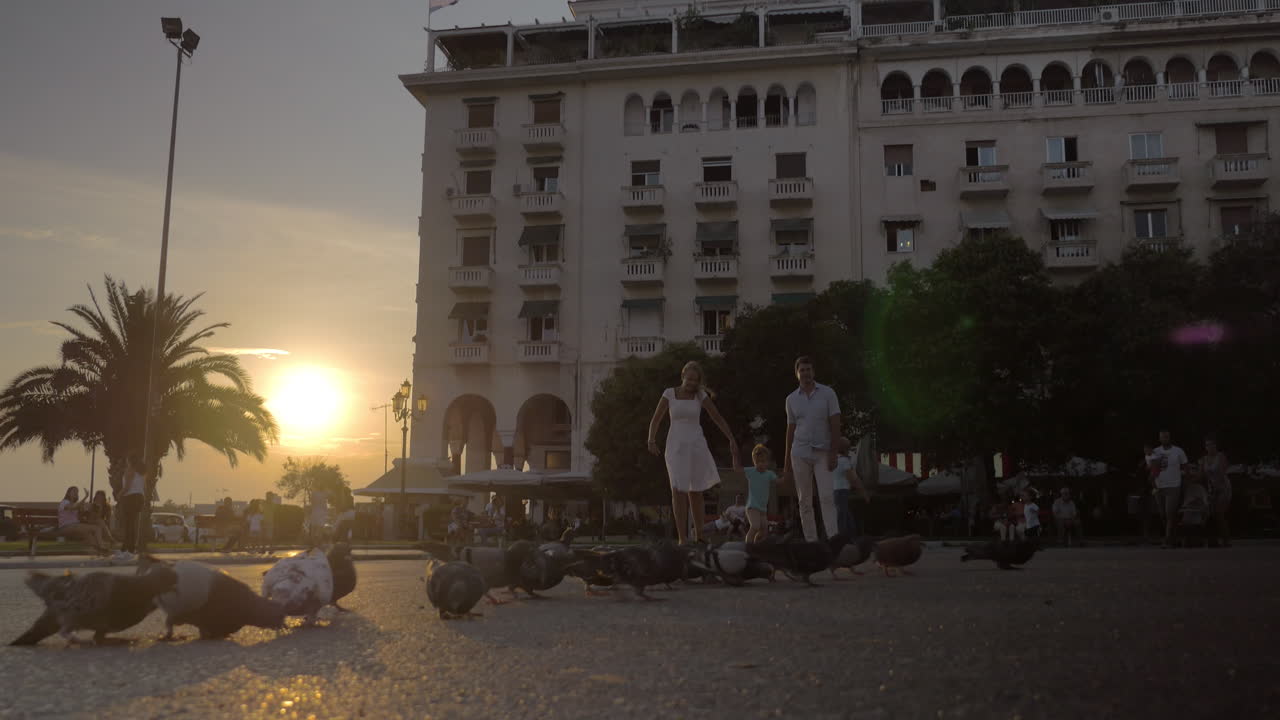 familia corriendo a través de la bandada de palomas