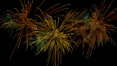 Multiple firework explosions with trails.