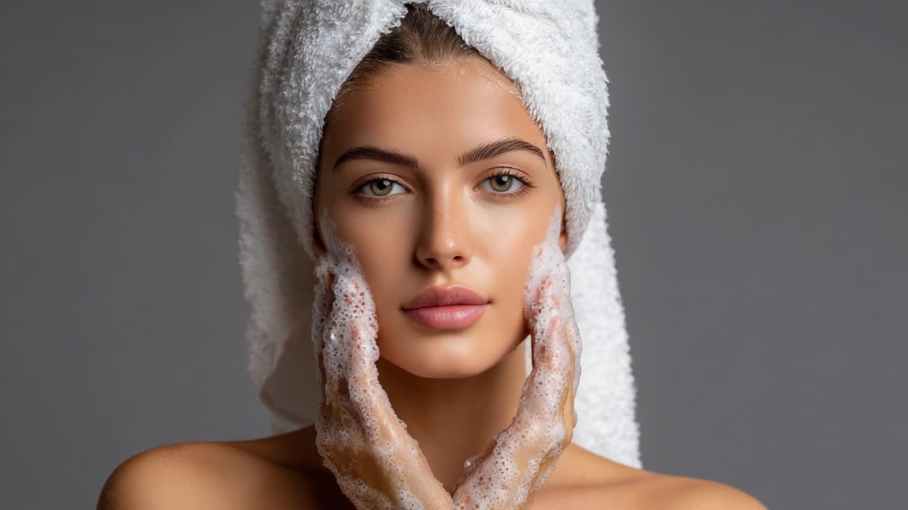 A serene beauty skincare routine showcasing a young woman gently cleansing her face with soap, embodying tranquility and self-care, enhanced by soft lighting and a neutral background