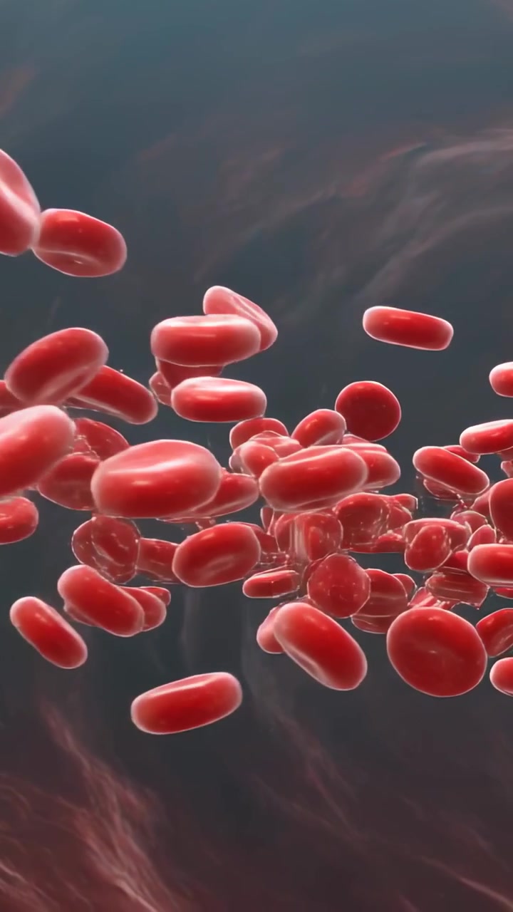 Vertical video: Drifting cluster of red blood cells in vessel, plasma pushing and carrying oxygen