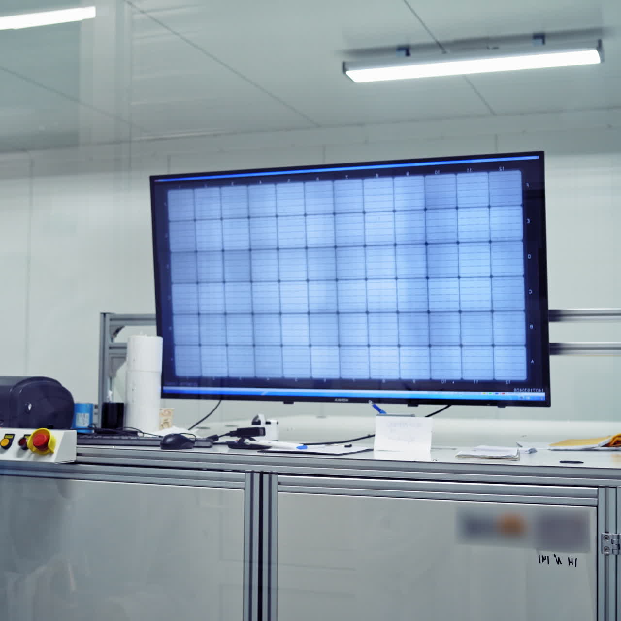 Robotic machine at modern factory. Automated equipment inside a new plant. Worker controls production process. Big monitor inside the contemporary factory.