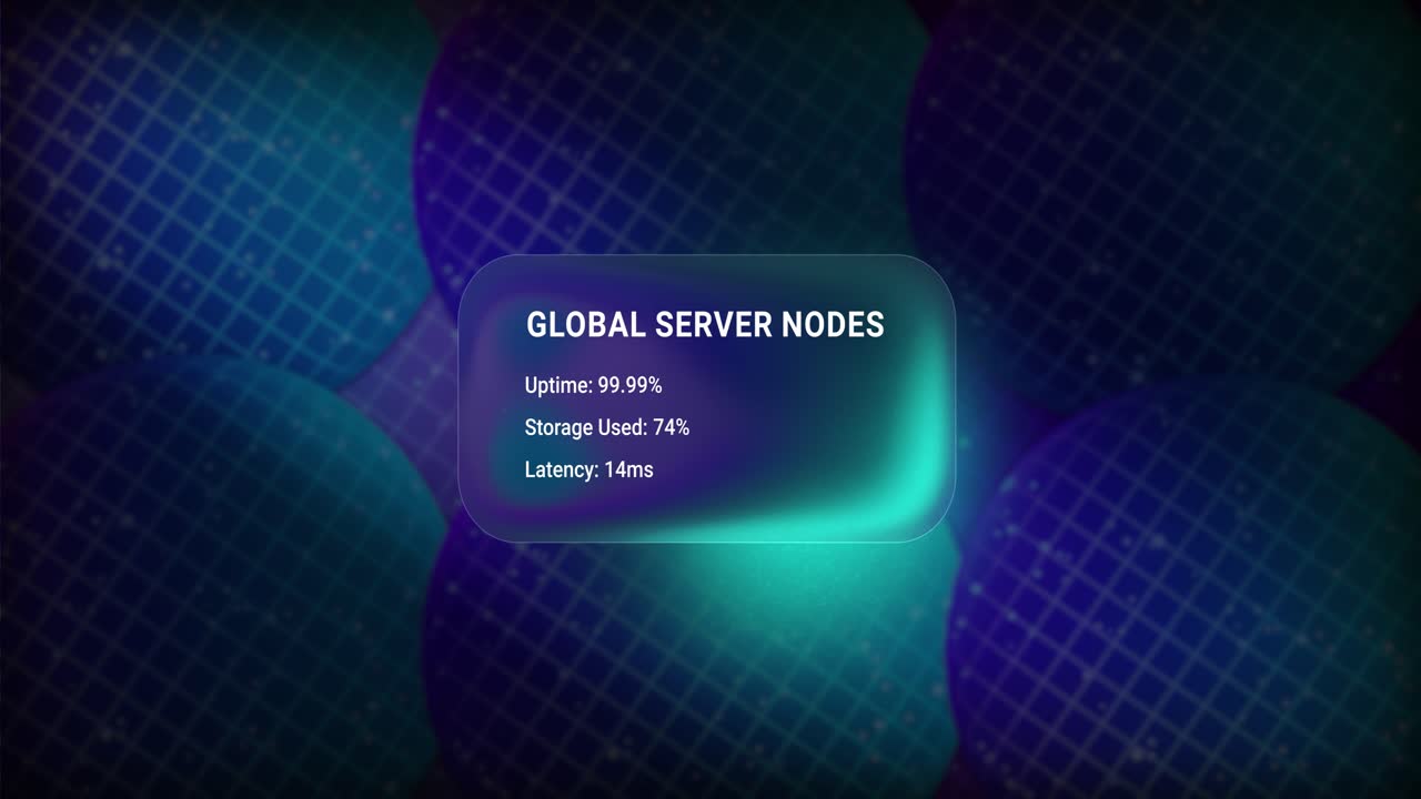 Glass panel rising on a dark background with cyan glowing light featuring network latency and storage statistics for cloud optimization