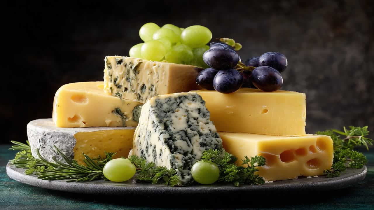 An Artful Arrangement of Gourmet Cheeses Accompanied by Fresh Grapes and Herbs, Highlighting the Diversity of Flavors and Textures in a Luxurious Presentation
