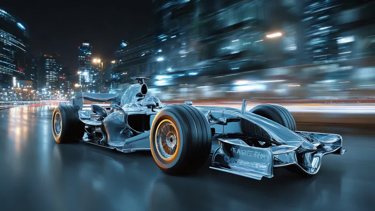 A High-Performance Racing Car Speeds Through a Dynamic Cityscape at Night, Showcasing Its Sleek Design and Advanced Engineering in Urban Environment