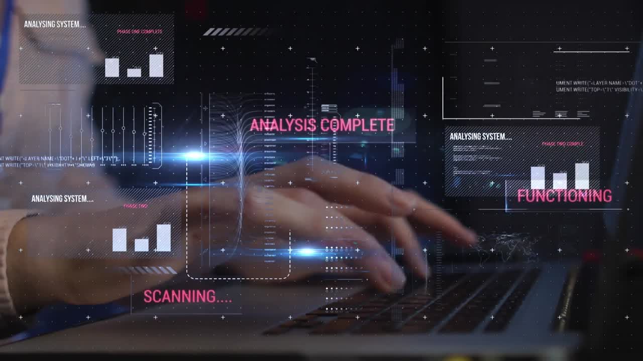 Animation of data over female it engineer using laptop by computer server
