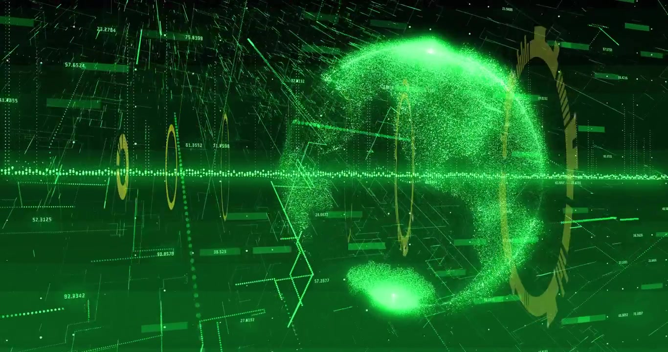 Golden HUD and green sphere reacting to ring spin, pulsing waveform, aligning, visualizing data