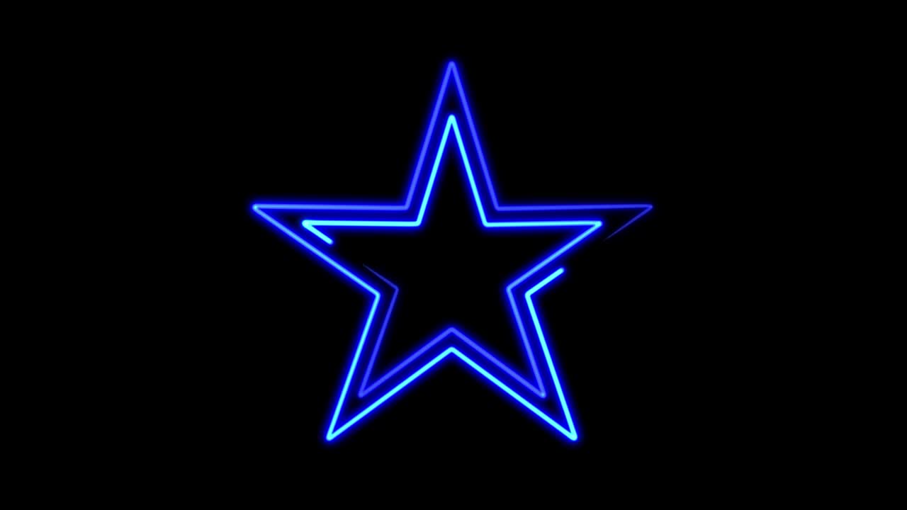 Abstract seamless pattern of blue neon lines of stars on a black background. 4K video neon star close up.