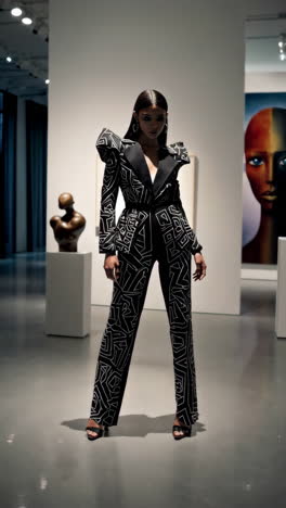 fashionable woman in black and white suit in gallery