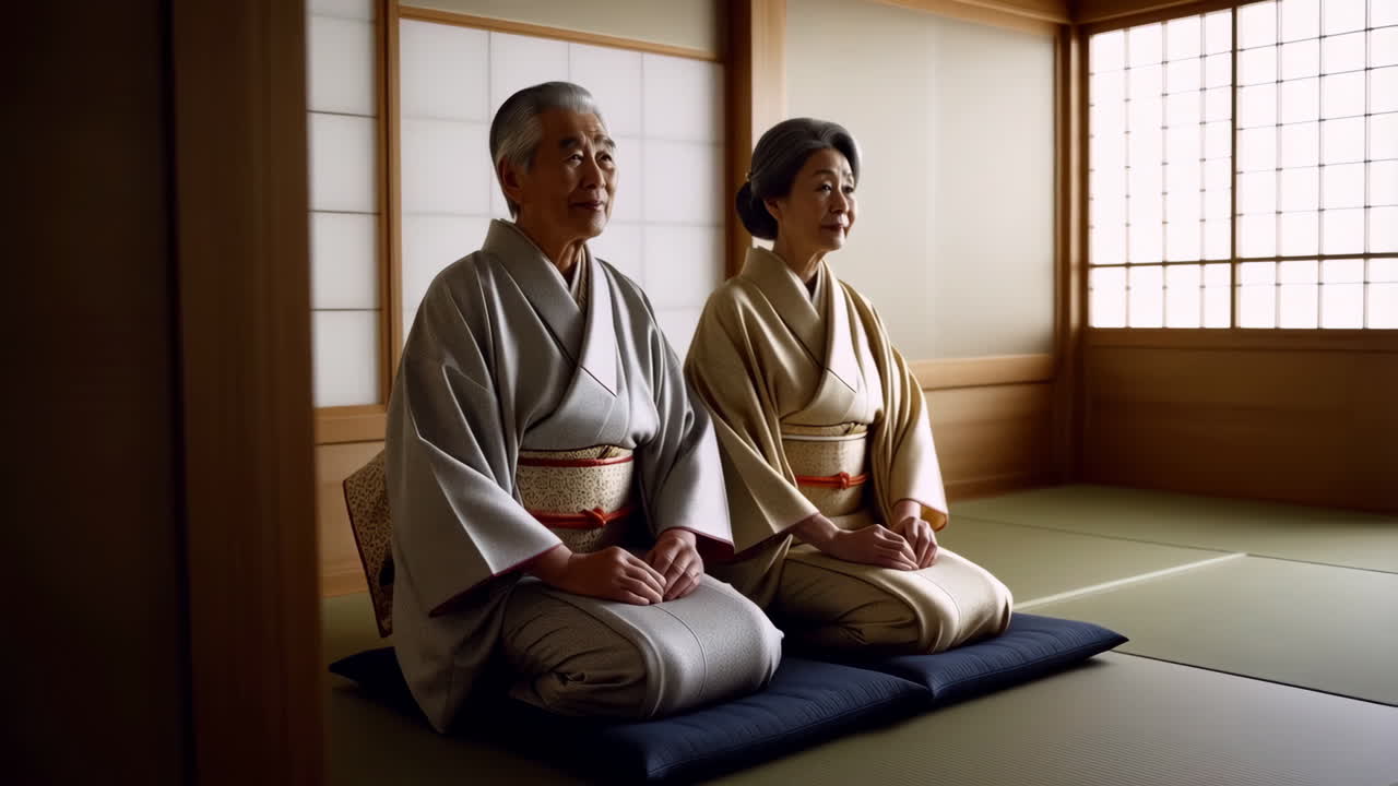Elderly Japanese Couple in Kimonos Sitting in a Traditional Room