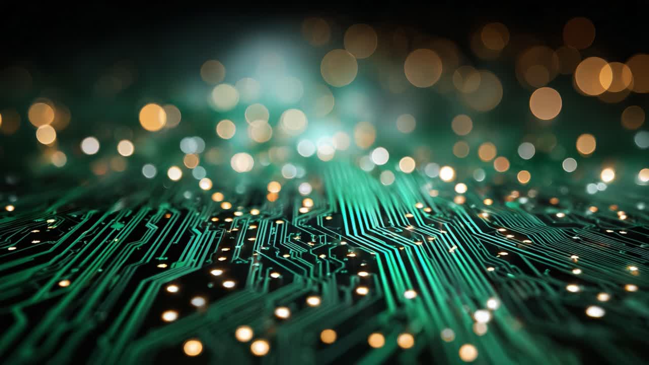A close-up view of a circuit board, showcasing intricate pathways and glowing lights that highlight the complexity and beauty of modern technology in a captivating way