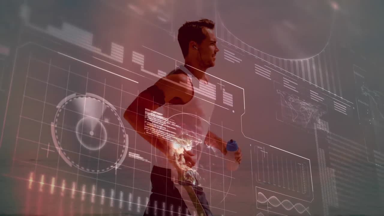 해변에서 달리는 적합한 사람에 대한 데이터 처리 애니메이션