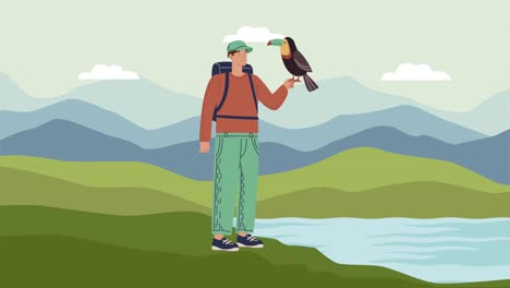 male camper with toucan in lake animation