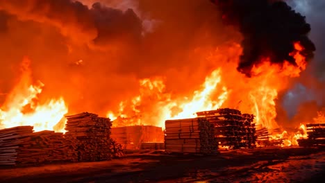 a large fire is burning in the middle of a pile of wood