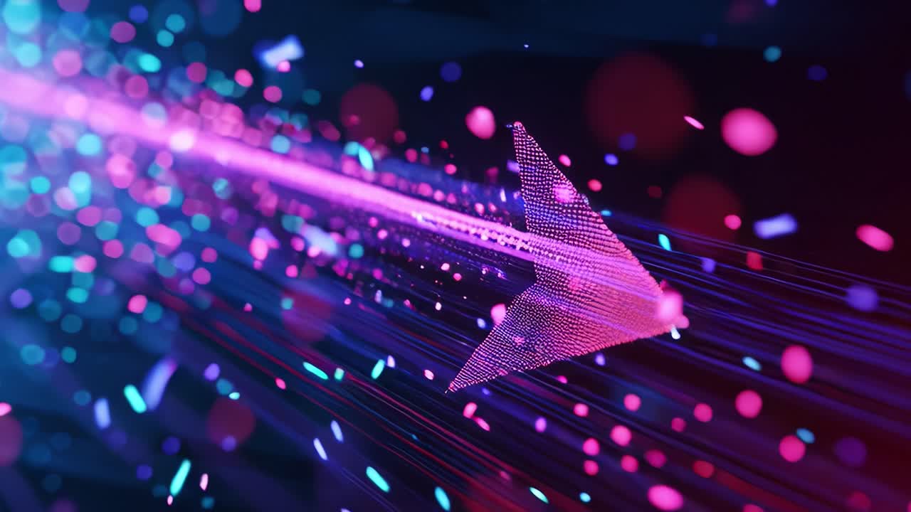 Animazione freccia dinamica con particelle digitali dinamiche e scie di luce colorate che creano un'estetica futuristica in movimento, illuminando la direzione e il movimento in una visualizzazione grafica