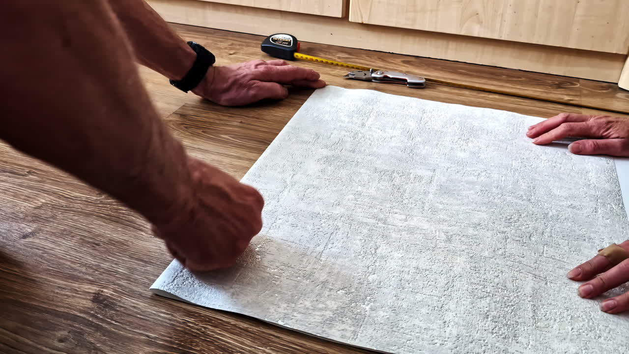 Man and woman cut wallpaper together with precision during home improvement project