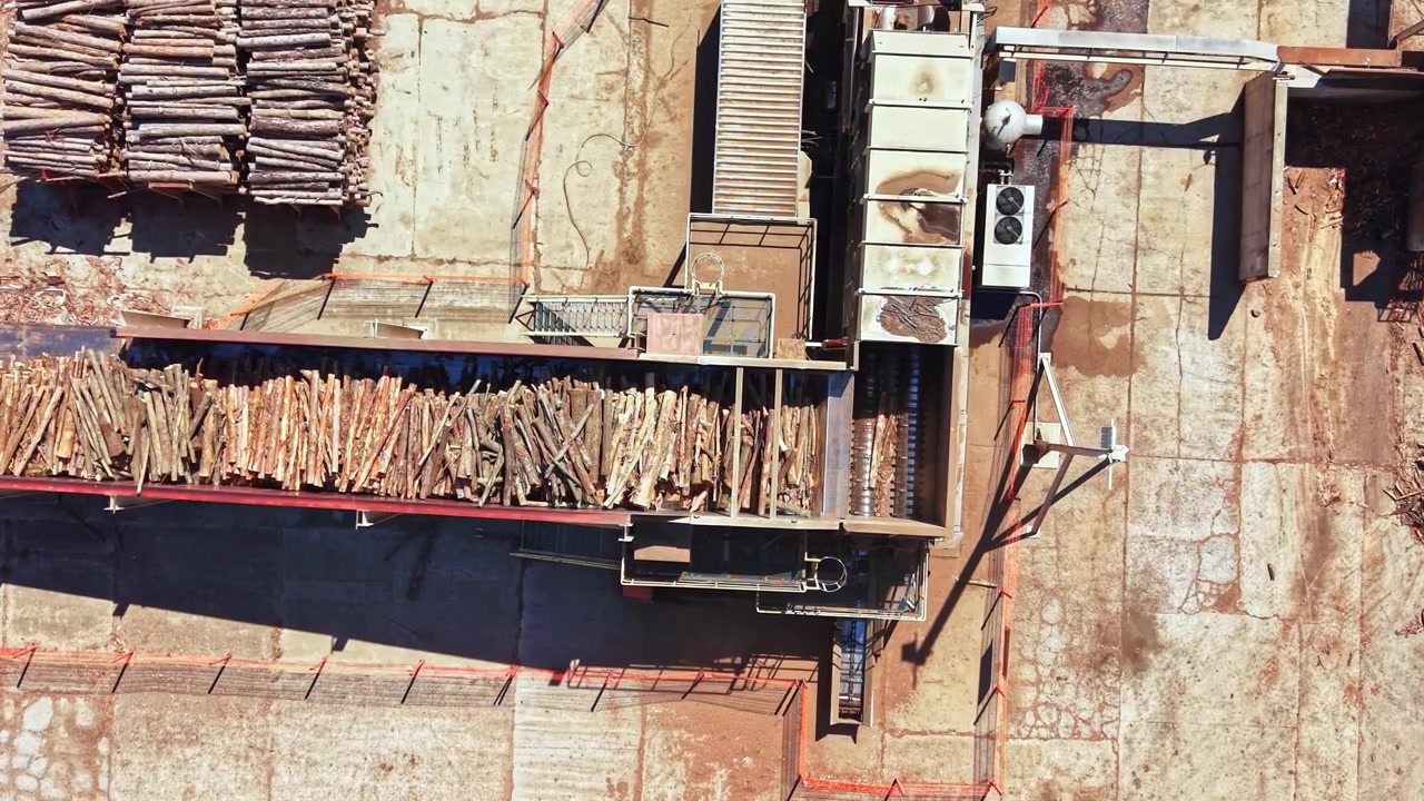 Aerial View of Logs Moving on Conveyor Belt in Sawmill