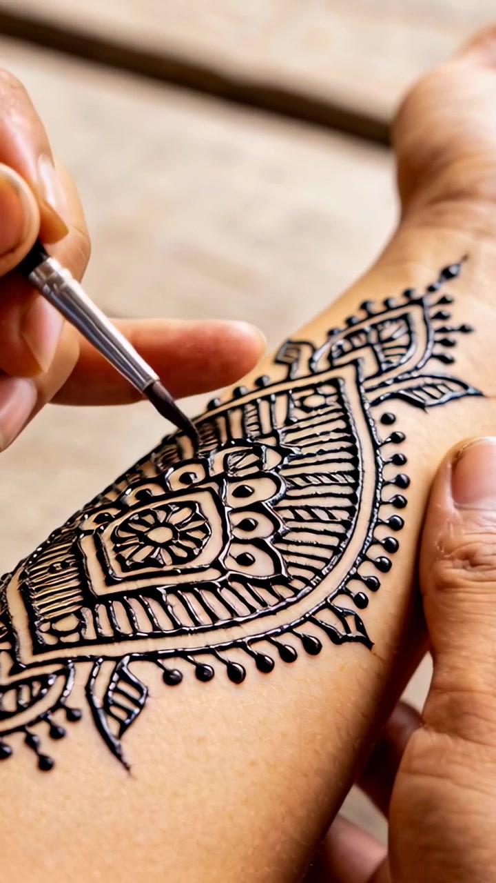 Video verticale: Con un pennello sottile, artista che decora l'avambraccio al tavolo con pasta di henné scuro.